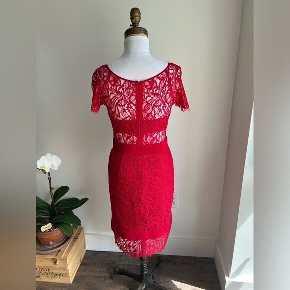 NICOLE MILLER RED SHORT SLEEVE COMBO DRESS MIDI LACE ILLUSION SIZE 0 - Picture 4 of 10